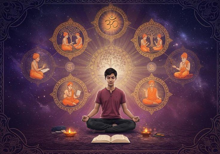 Meditative practitioner surrounded by sacred vedic symbols and spiritual masters in cosmic mandala