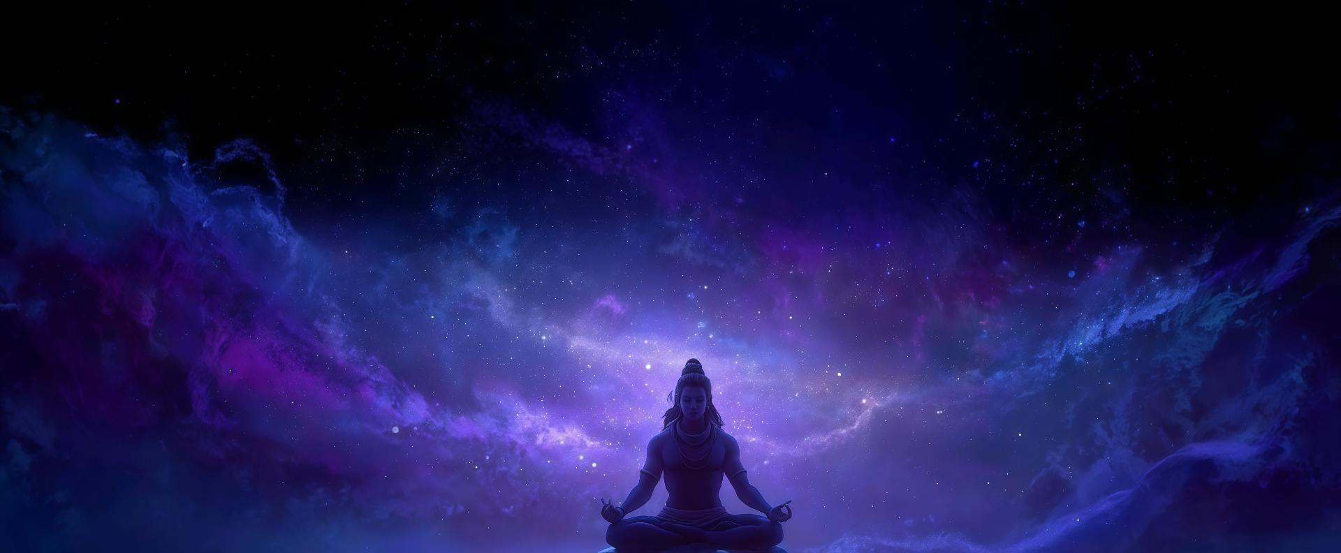 Lord Shiva in serene cosmic meditation pose with purple and blue starlit universe background