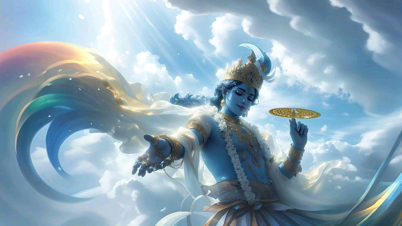Lord Krishna with Sudarshan Chakra in celestial clouds representing divine guidance in Vedic astrology remedies